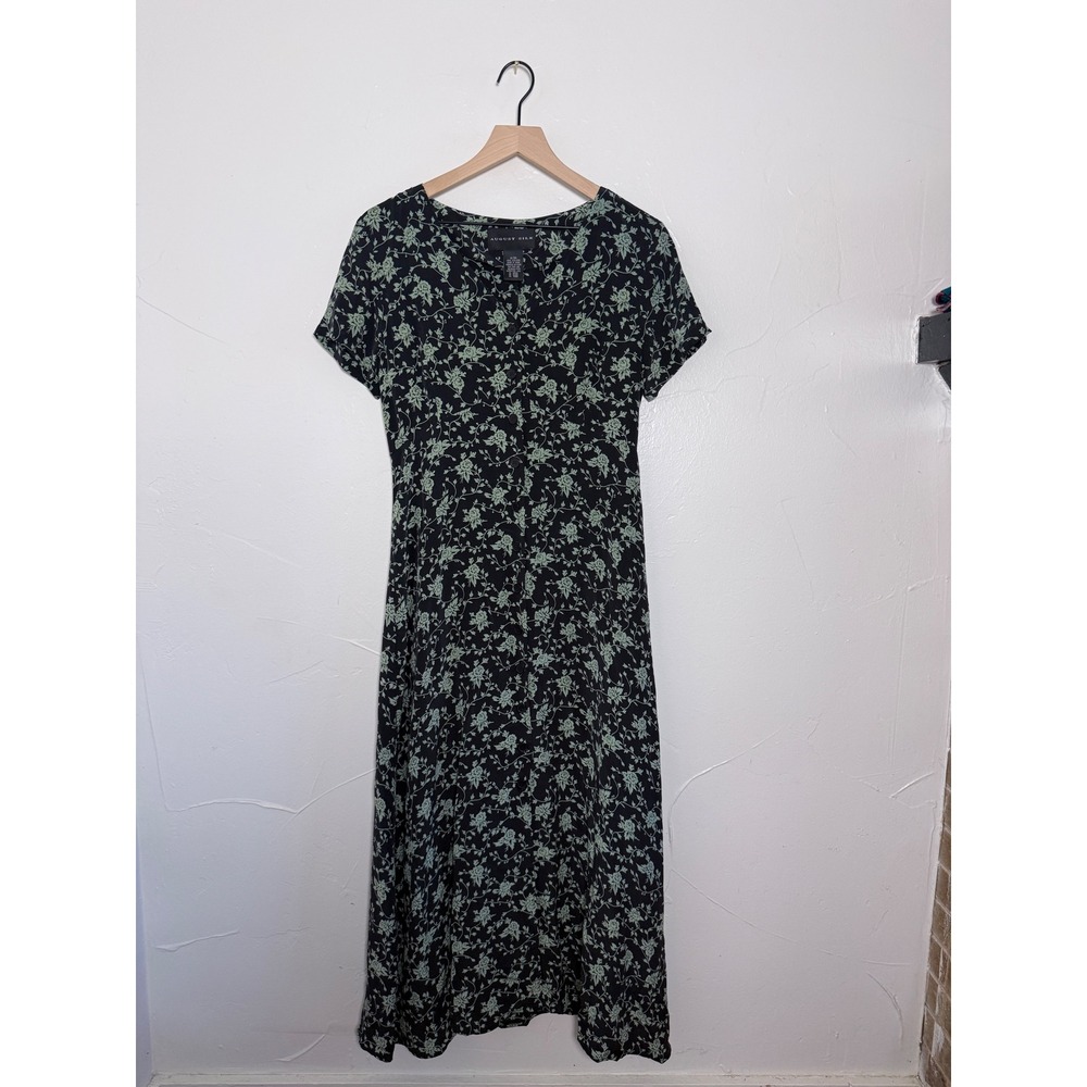 Vintage 90s August Silk 100% Silk Floral Button Front Maxi Dress Black Green